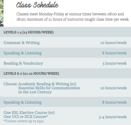 UC Irvine Intensive ESL Class Schedule